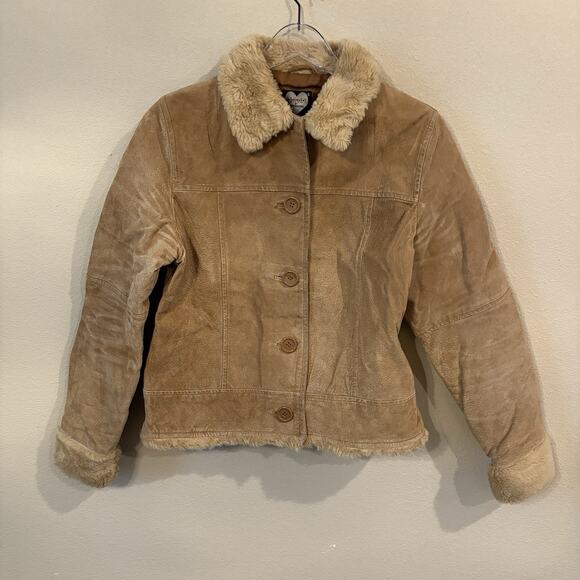 90s Y2K Vintage Penny Lane Coat Womens Large 100% Leather Suede Faux Fur Trim - Picture 1 of 12